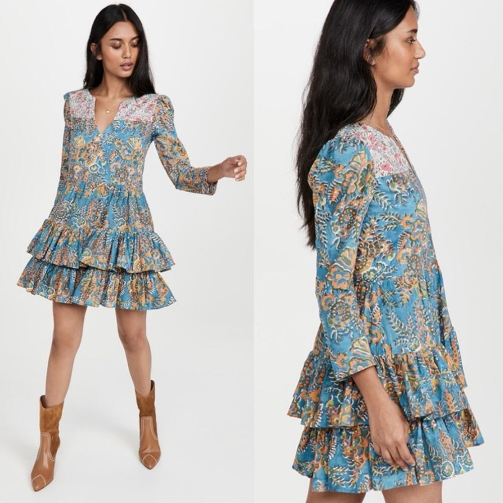 Alix of Bohemia Squash Blossom Dress Turquoise Patchwork M Retro Chic Tiered
